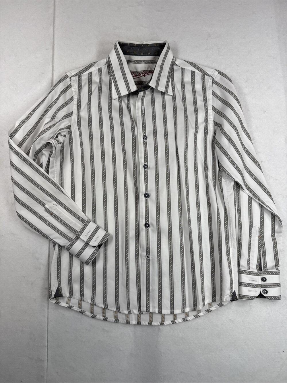 Robert Graham Button Up Kids 10-12 White Tan Stripes Preppy Funky Long Sleeve